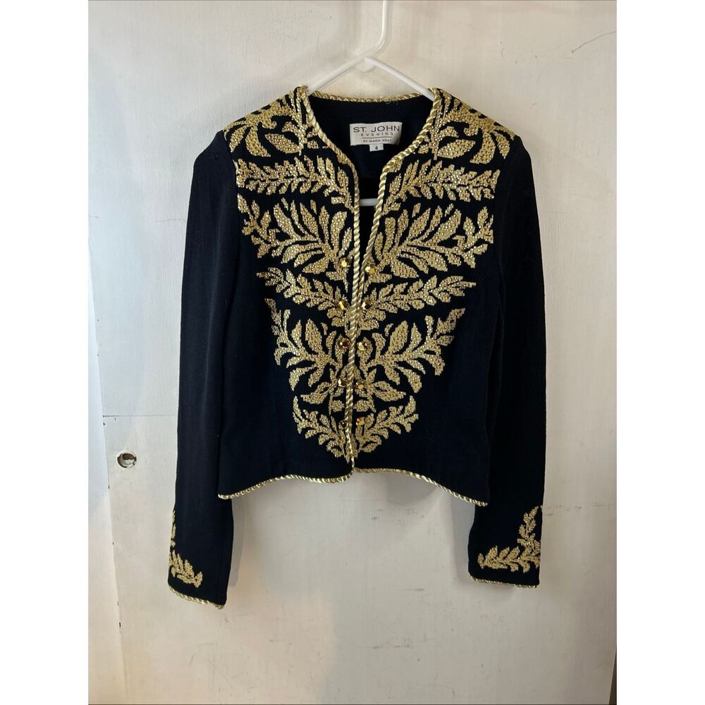 St.John Evening Collection Jacket  Marie Gray size 4 Black embroidered Gold Sant